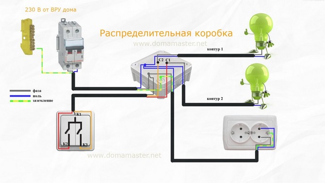 Схема подключения две лампочки и розетка